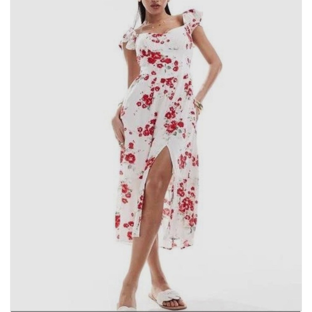 Hollister Red Floral Corset Midi Dress Sweetheart Tie Back Flutter XS